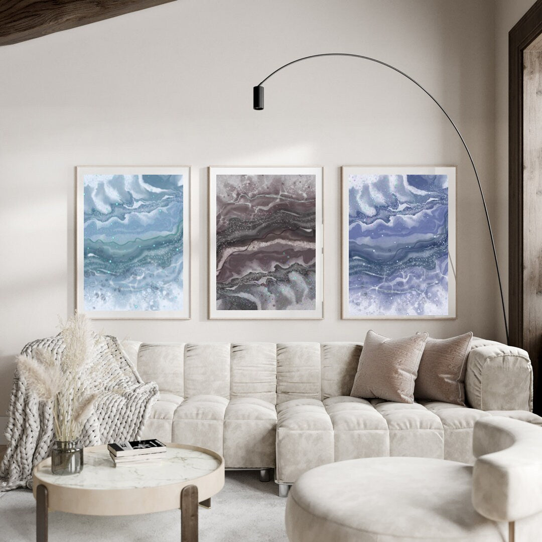 Coastal wall art, ocean art print, spiritual wall art, blues and brown, set of 3, displayed in frames ascension digital fine art.