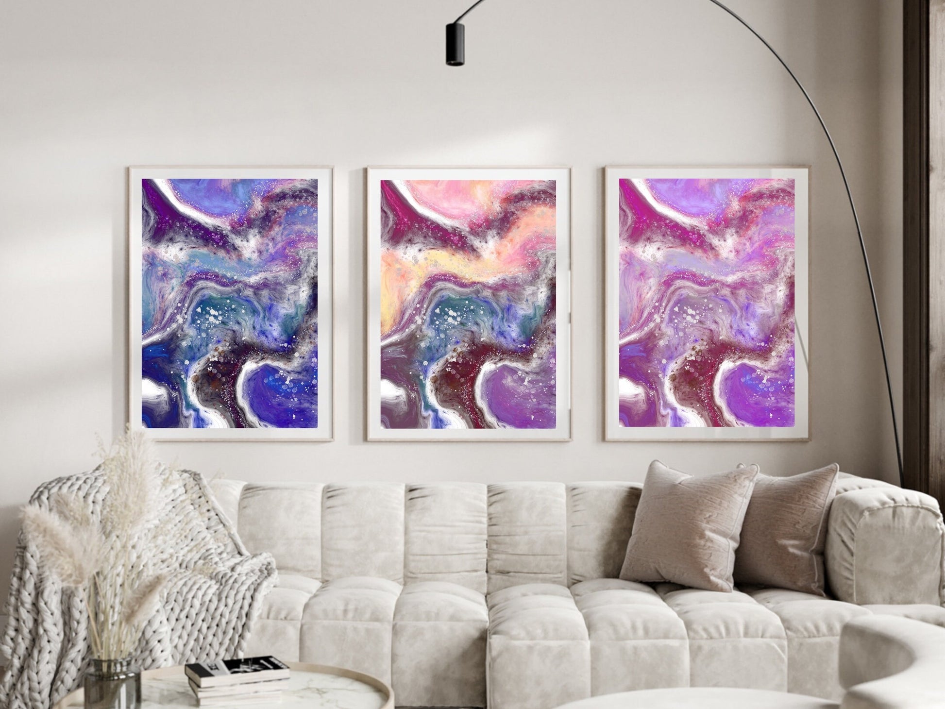 Abstract coastal art prints, spiritual wall art, pink yellow blue, set of 3 displayed in mounted frames.