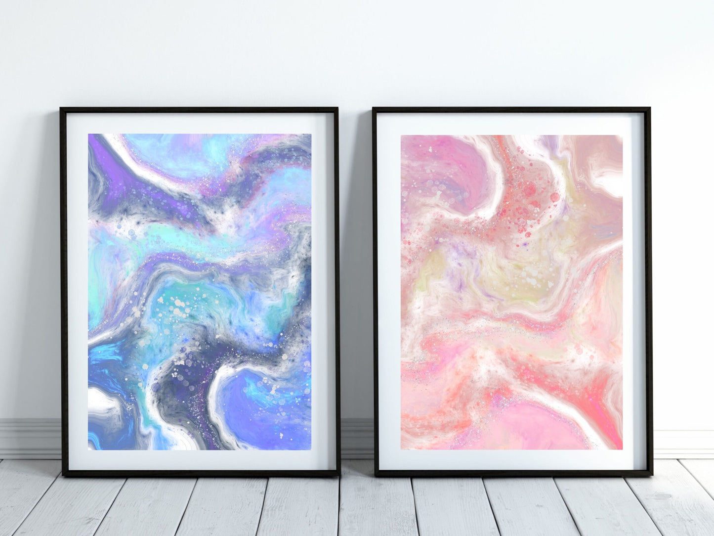 Coastal wall art, abstract waves, blue and orange, calming art work, set of two art prints, displayed in frames. - Ascension digital fine art.