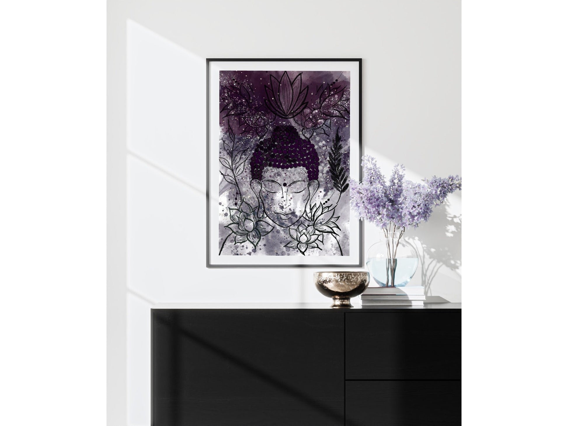 Spiritual Buddha wall art, Buddha meditating, purple and grey colours, flowers, meditation art print in mounted frame.