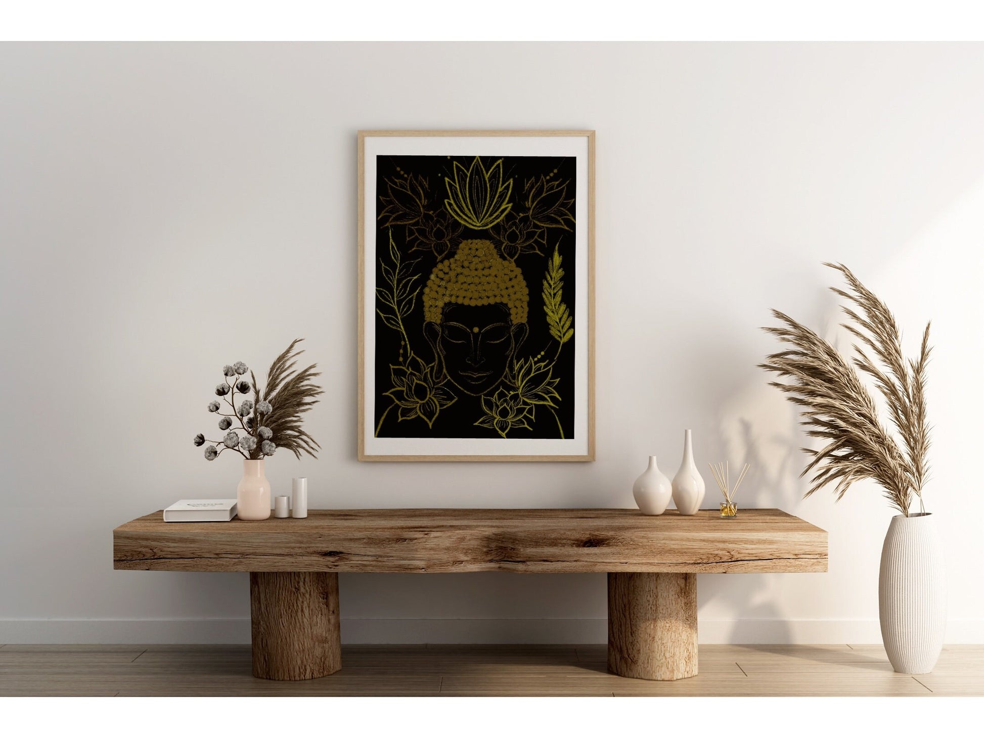 Spiritual Buddha wall art, Buddha meditating, black and gold, flowers, meditation art print in mounted frame.