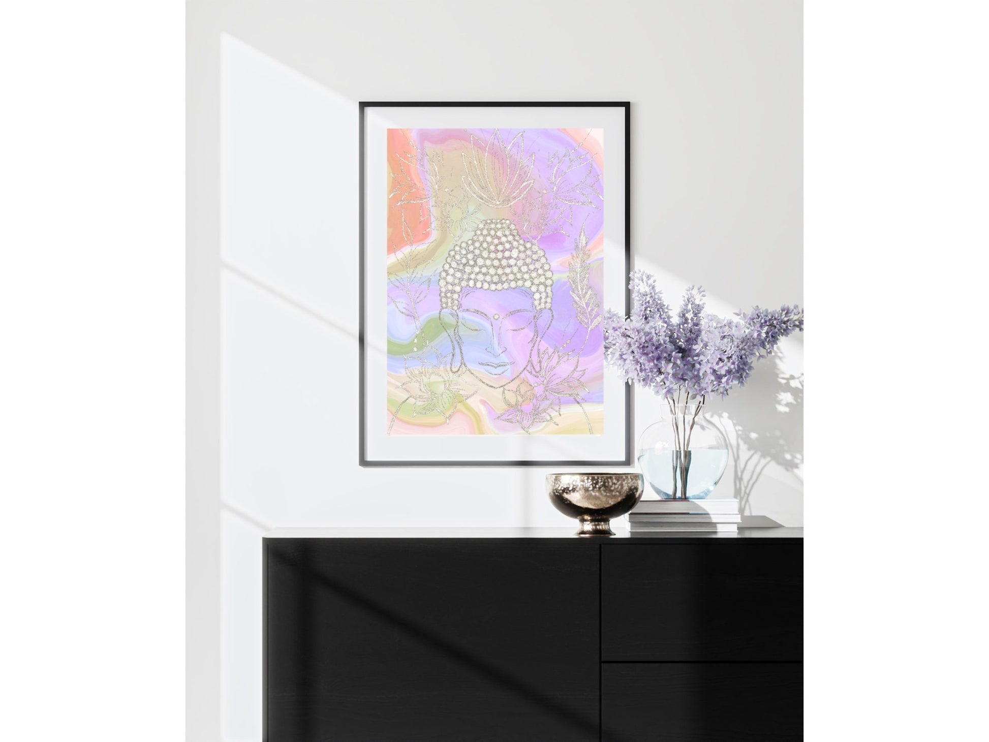 Buddha wall art, meditation wall art, spiritual art work, meditation art print, pastel colours, Displayed in frames. - Ascension digital fine art.