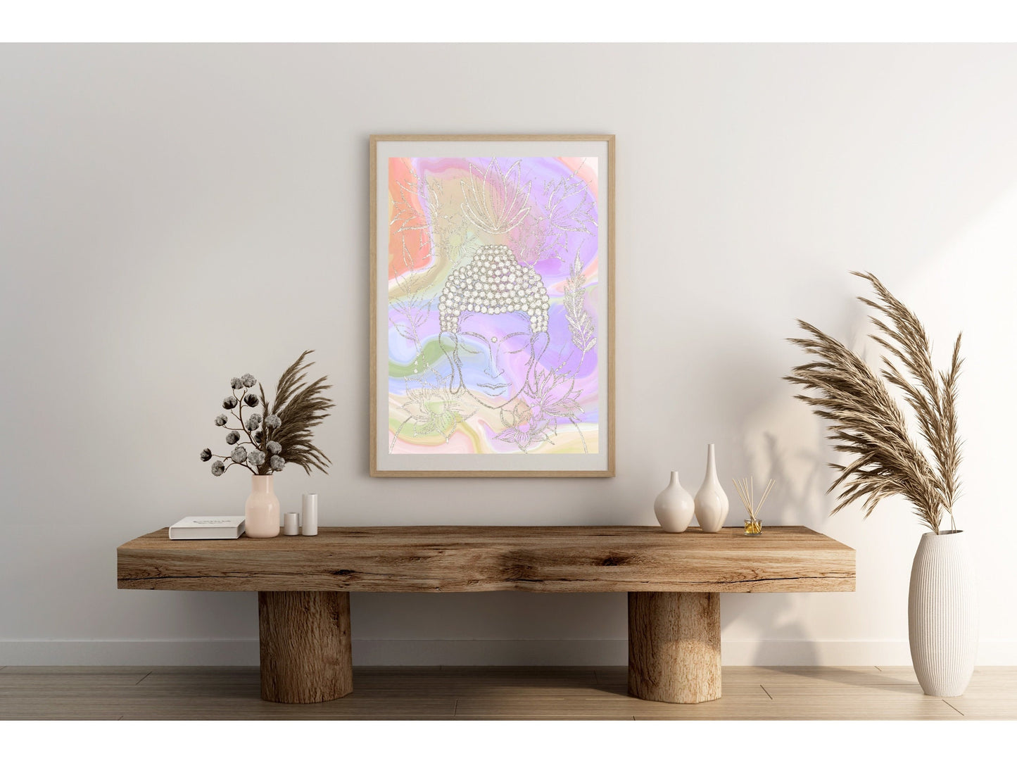 Buddha wall art, meditation wall art, spiritual art work, meditation art print, pastel colours, Displayed in frames. - Ascension digital fine art.