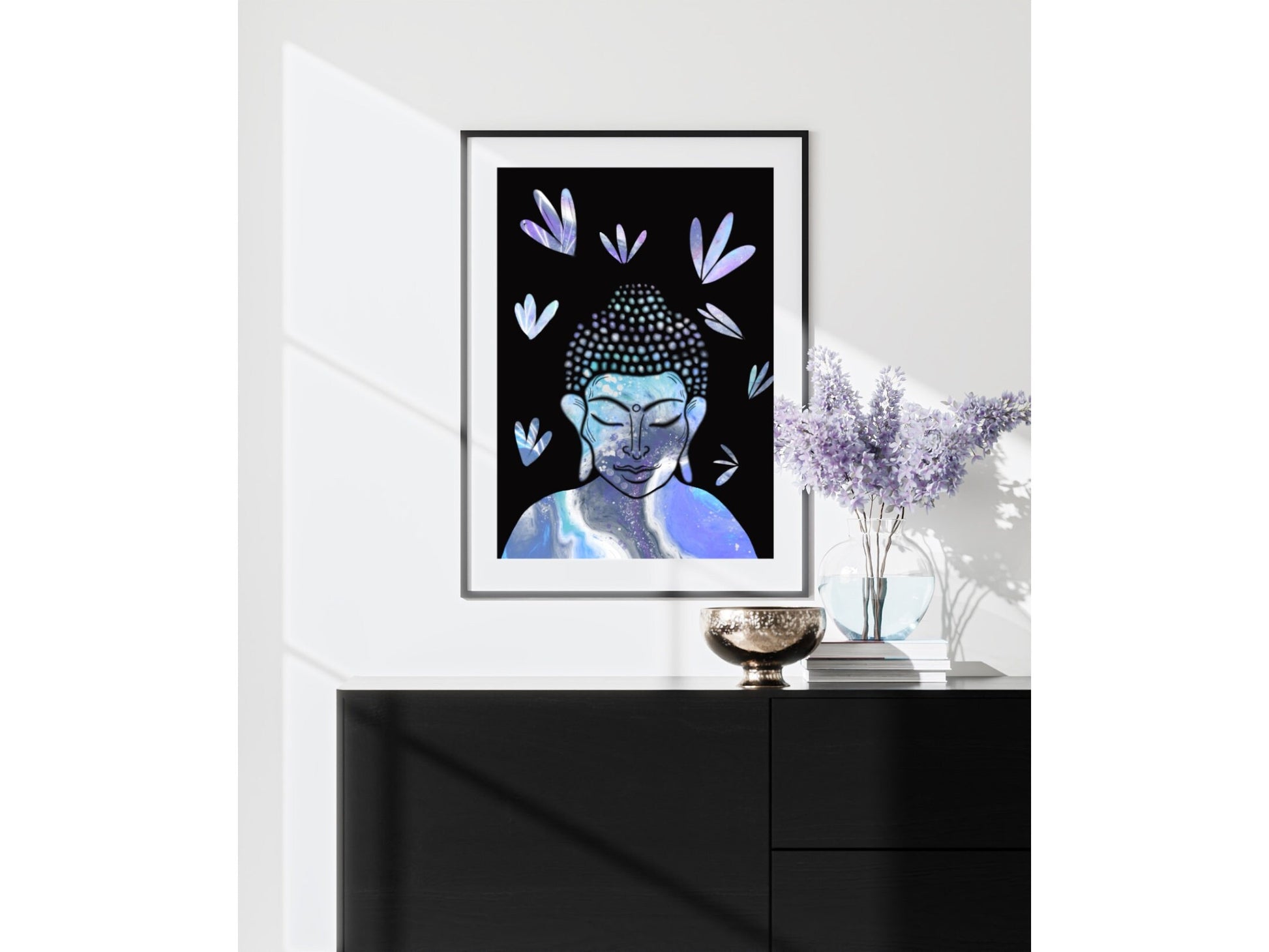 Buddha wall art, meditation wall art, spiritual art work, meditation art print, black and pastel blue, Displayed in frames. - Ascension digital fine art.