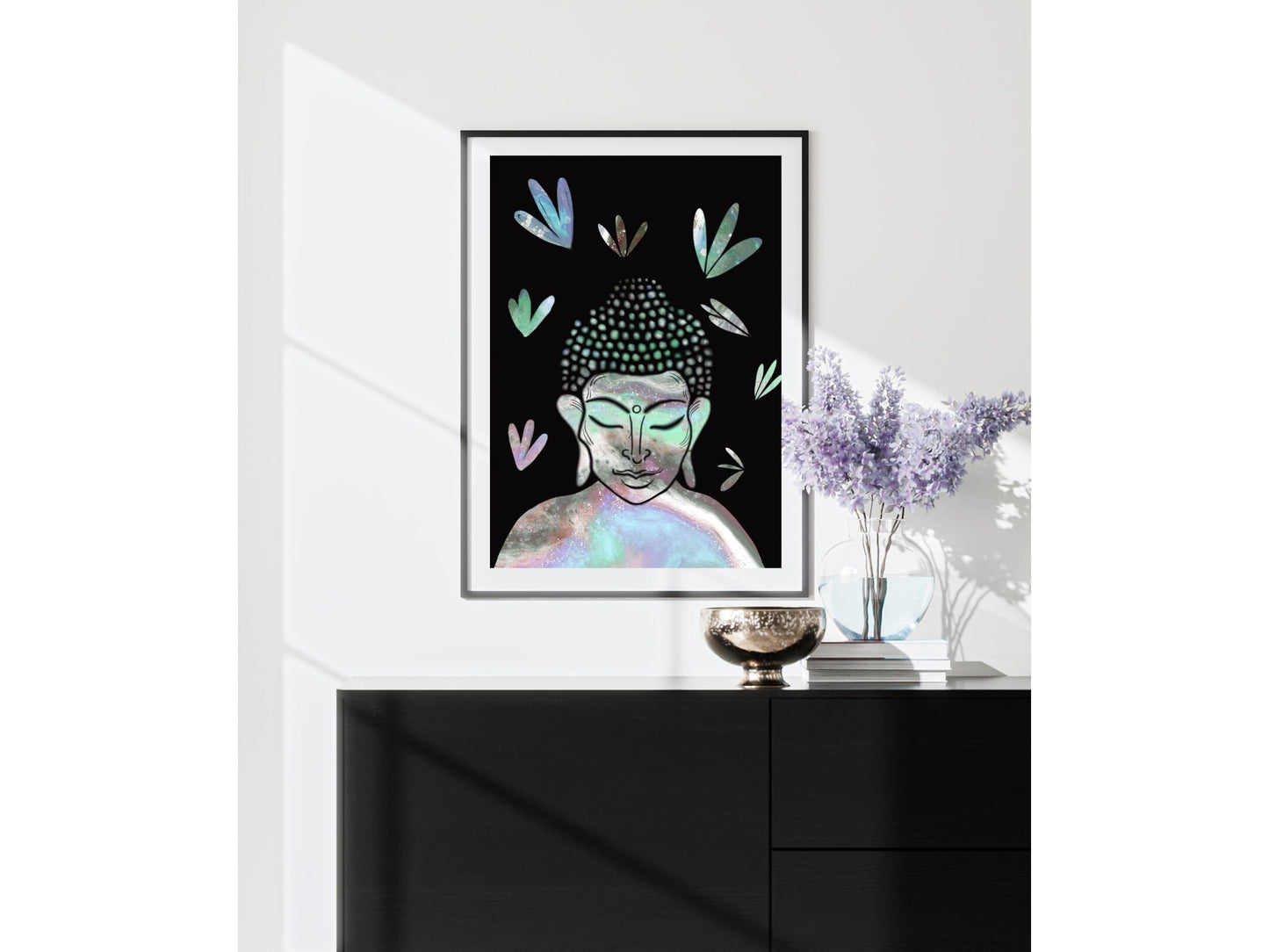 Buddha wall art, meditation wall art, spiritual art work, meditation art print, black and pastel green, Displayed in frames. - Ascension digital fine art.