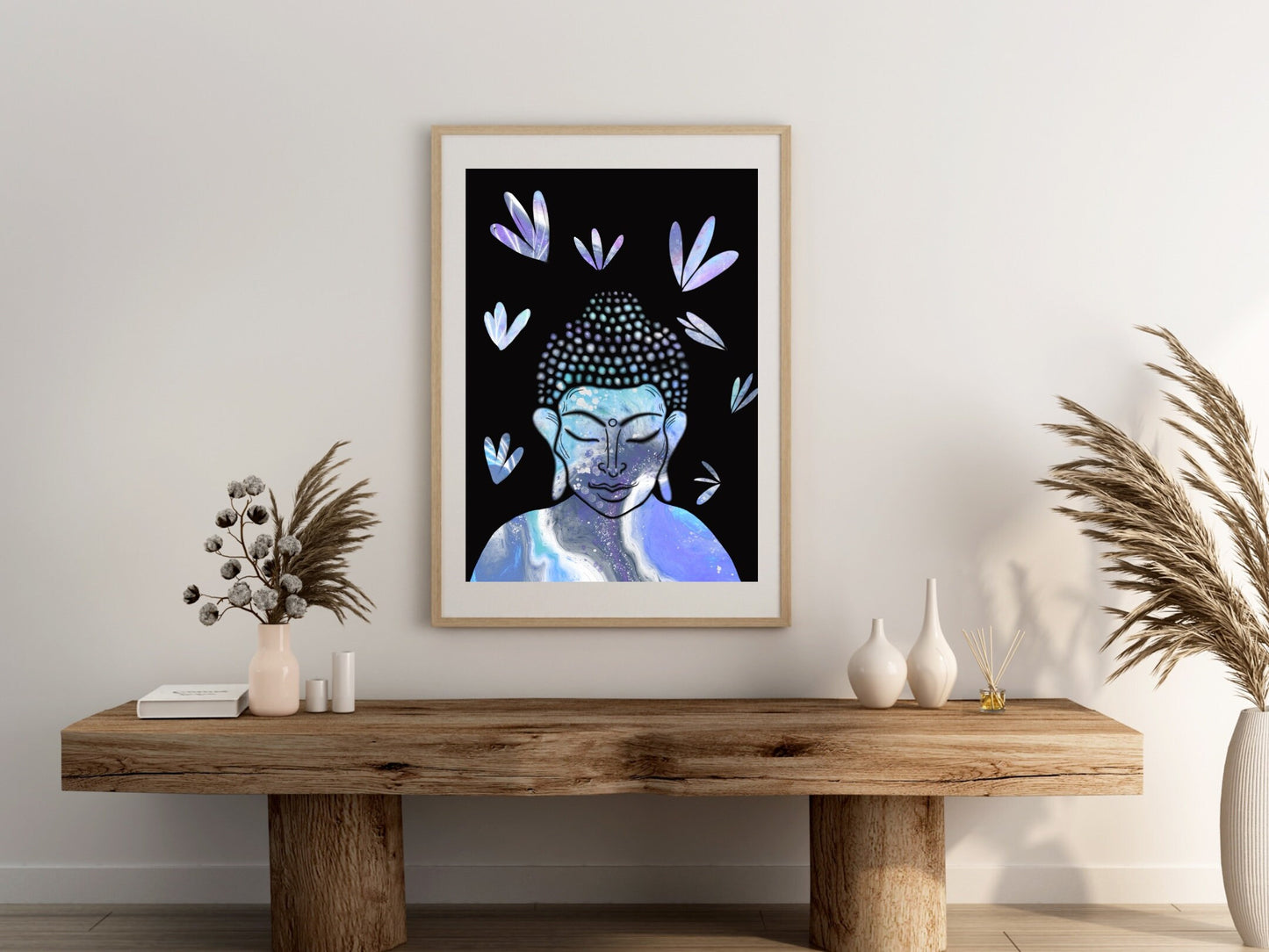 Buddha wall art, meditation wall art, spiritual art work, meditation art print, black and pastel blue, Displayed in frames. - Ascension digital fine art.