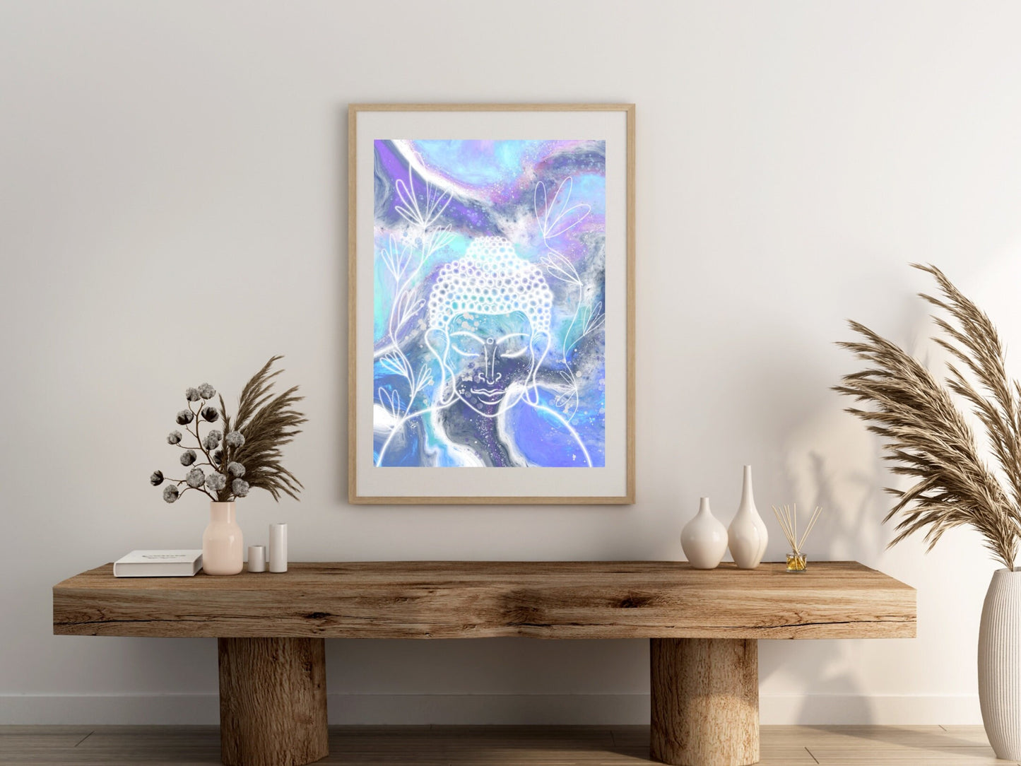 Buddha wall art, meditation wall art, spiritual art work, meditation art print, white and pastel blue, Displayed in frames. - Ascension digital fine art.