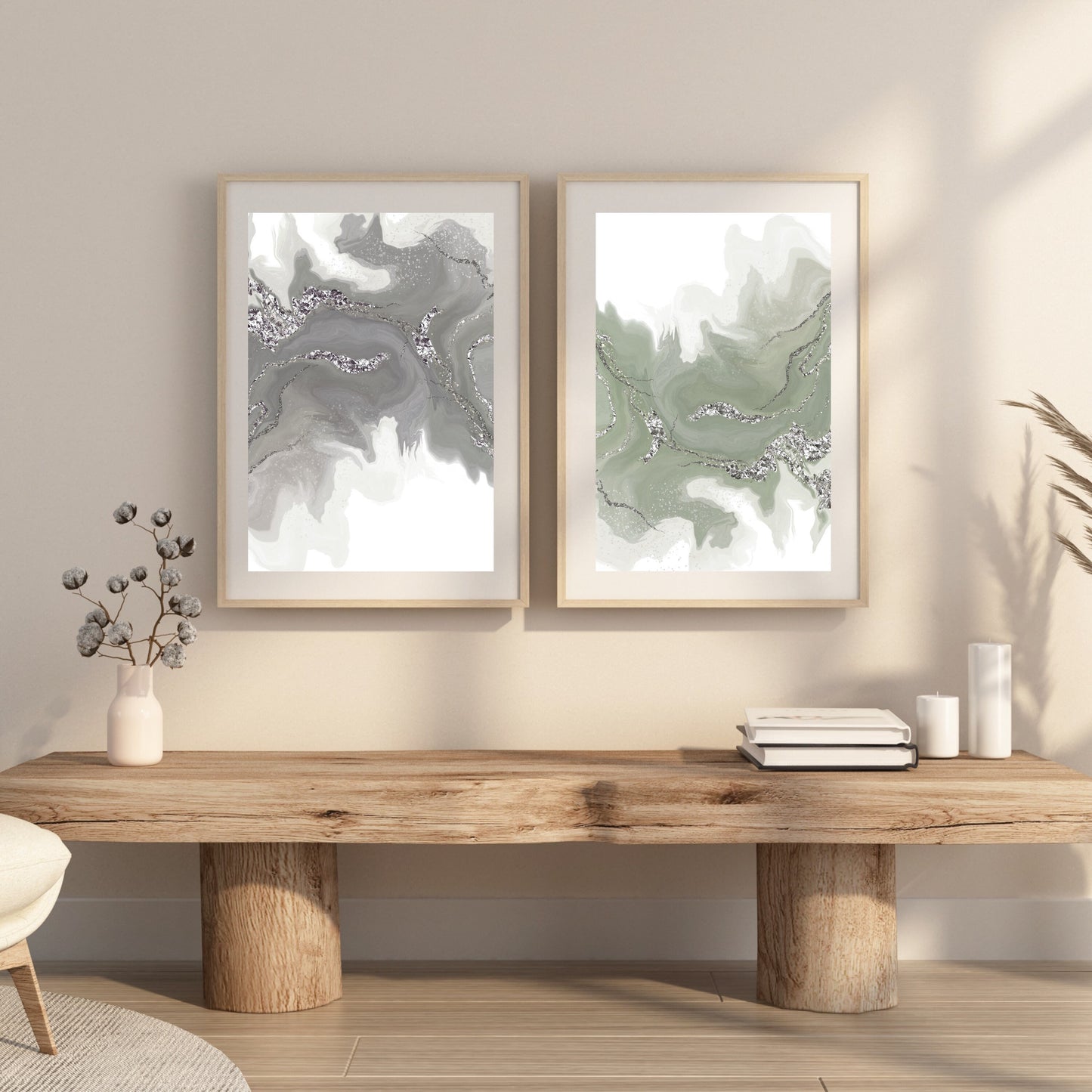 Abstract wall art, elegant, calming art prints neutral tone, muted colour, set of 2 presented in frames. - Ascension digital fine art.