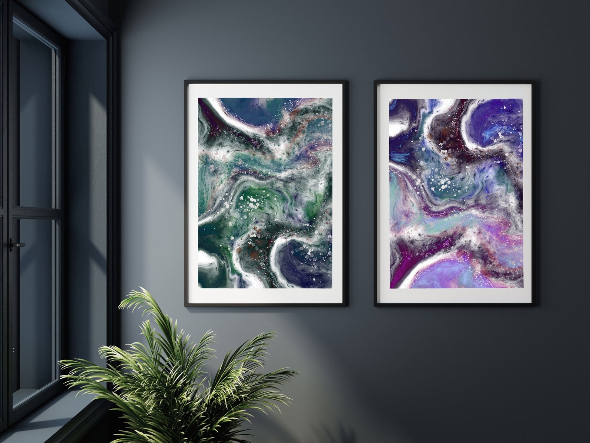 Coastal wall art, ocean art print, spiritual wall art, green and purple, set of 2, displayed in frames ascension digital fine art.