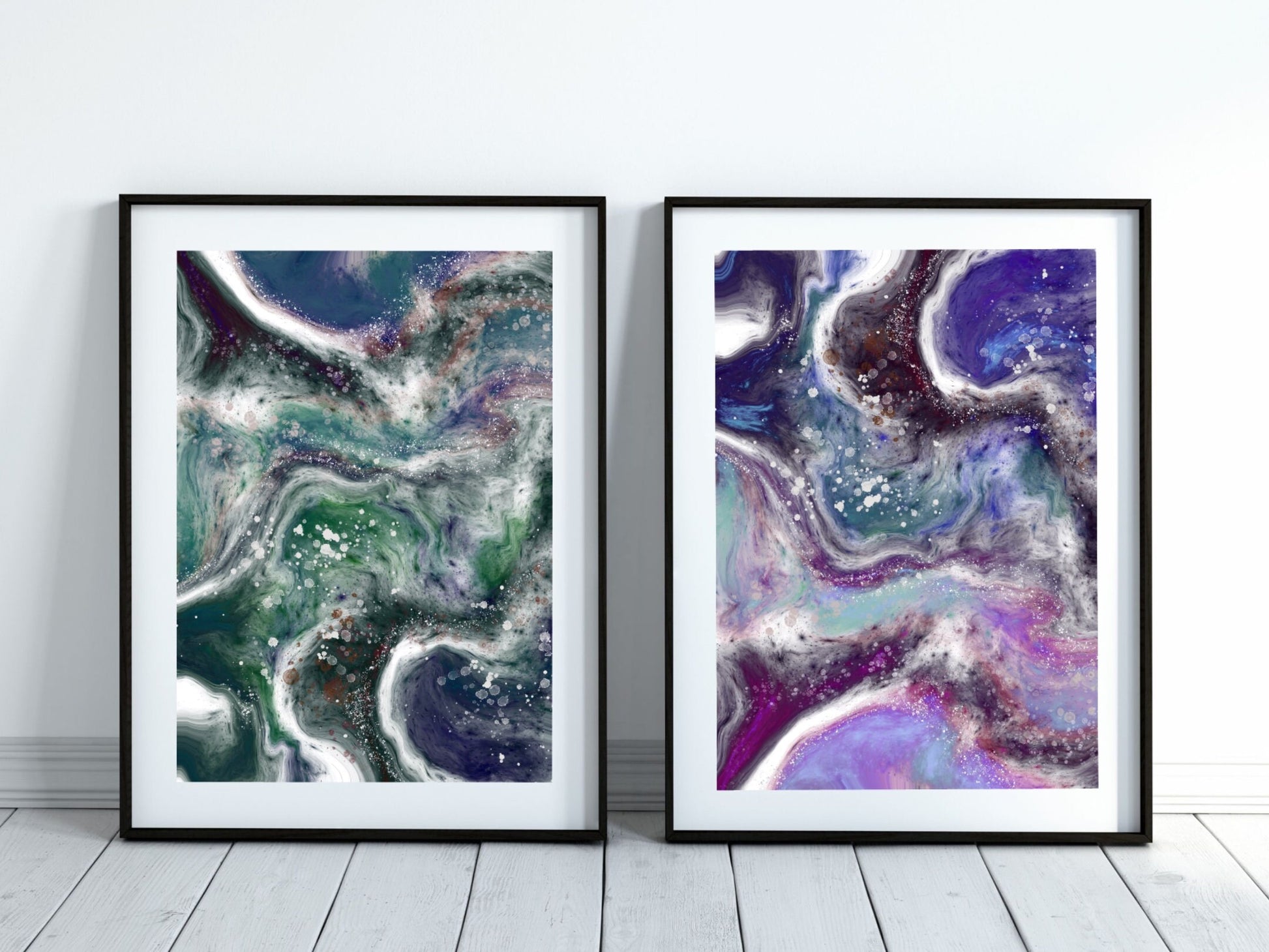 Coastal wall art, ocean art print, spiritual wall art, green and purple, set of 2, displayed in frames ascension digital fine art.