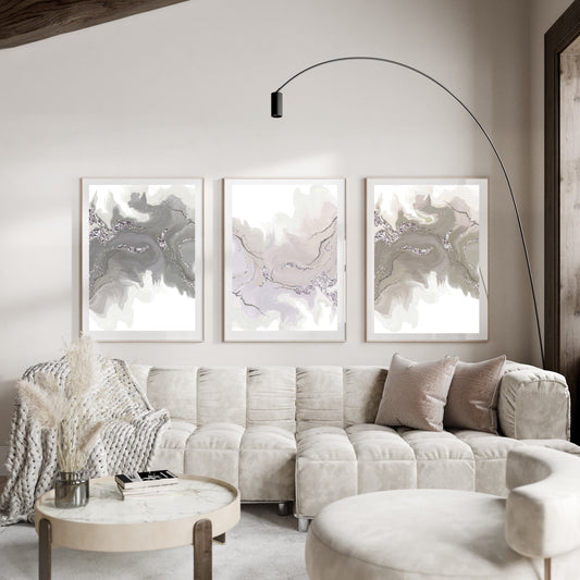 Spiritual wall art, Abstract art prints, neutral tones, set of 3 displayed in mounted frames.