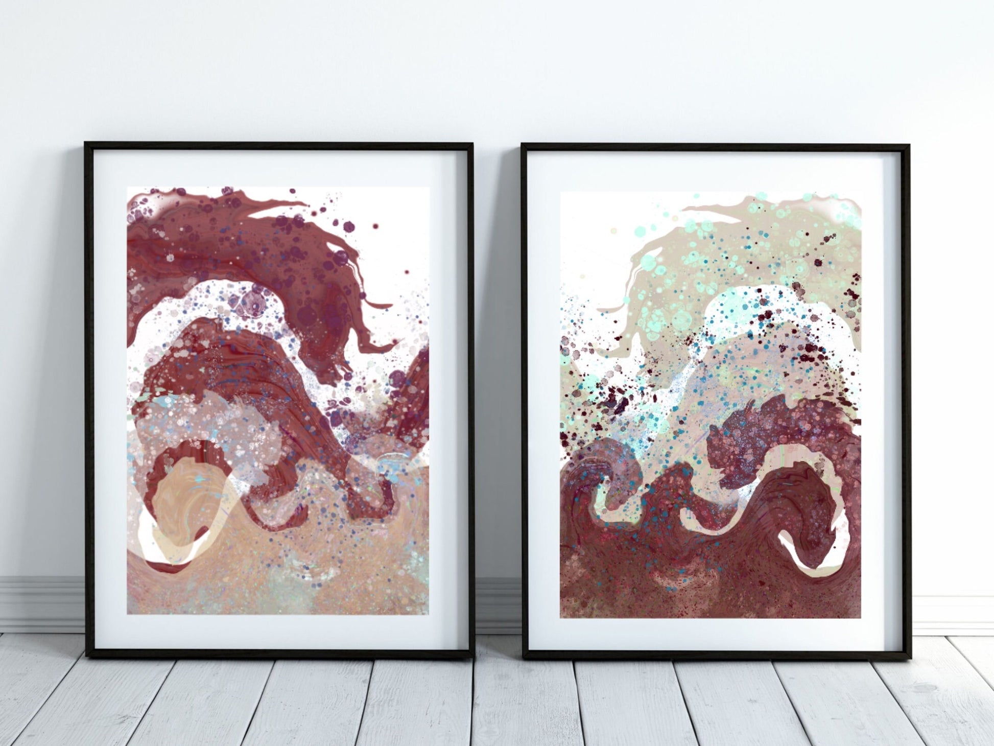 Coastal wall art, waves art print, spiritual wall art, red and sand, set of 2, displayed in frames ascension digital fine art.