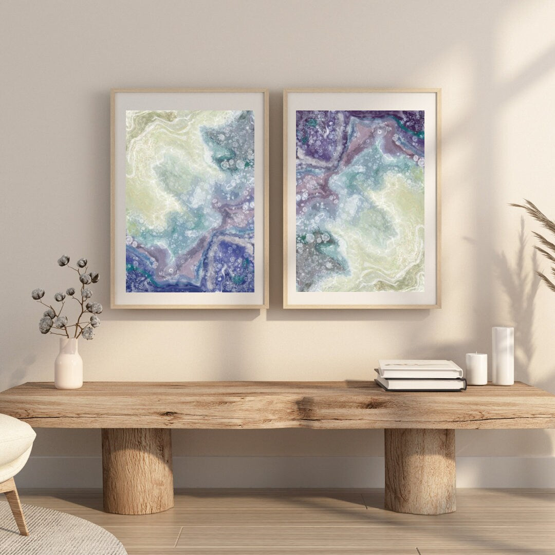 Coastal wall art, waves art print, blue and purple yellow, spiritual wall art, set of 2, displayed in frame, ascension digital fine art.