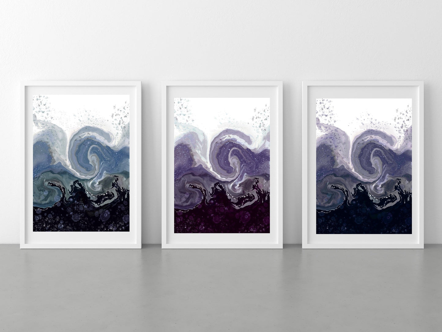 Coastal wall art, ocean art print, blue and purple yellow, spiritual wall art, set of 3, displayed in frames, ascension digital fine art.