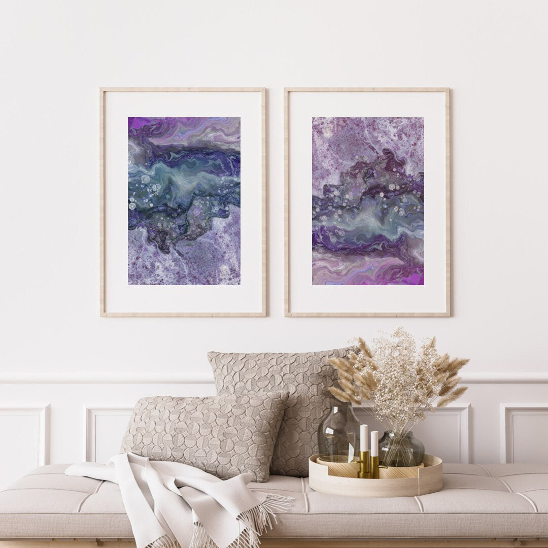 Coastal wall art, ocean art print, blue and purple, spiritual wall art, set of 2, displayed in frames, ascension digital fine art.