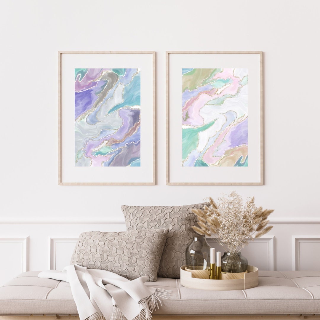 Abstract wall art, elegant, calming art prints pastel tone, gold silver streaks, set of 2 presented in frames. - Ascension digital fine art.