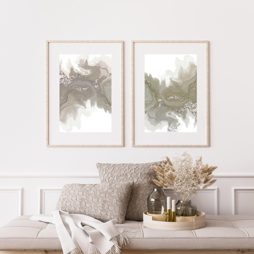 Abstract wall art, elegant, calming art prints neutral tone, muted colour, set of 2 presented in frames. - Ascension digital fine art.