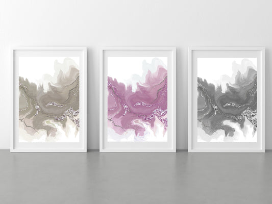 Spiritual wall art, Abstract art prints, neutral tones, set of 3 art prints displayed in mounted frames.