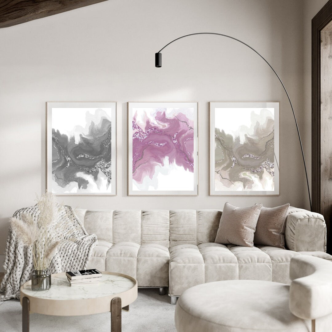 Spiritual wall art, Abstract art prints, neutral tones, set of 3 art prints displayed in mounted frames.