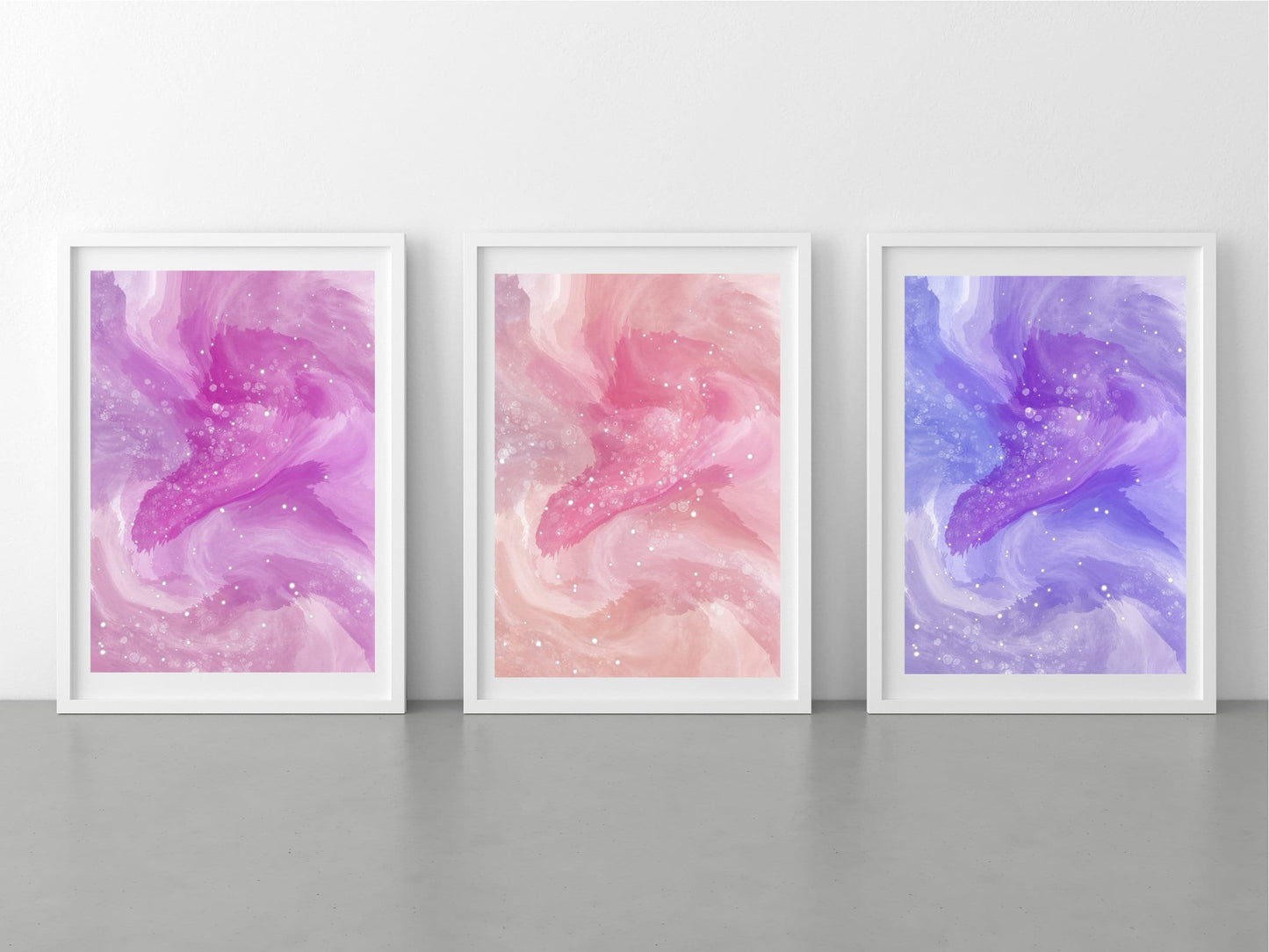 Spiritual wall art, Abstract art prints, pastel tones, set of 3 displayed in mounted frames.