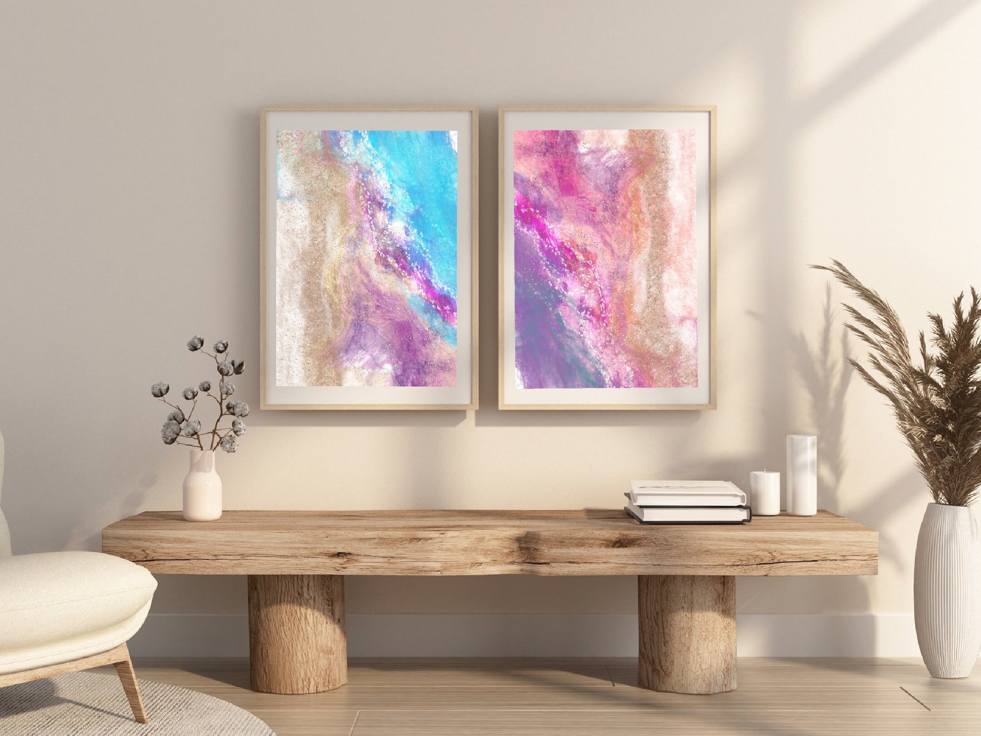 Coastal wall art, waves art print, spiritual wall art, sand blue and pink, set of 2, displayed in frames ascension digital fine art.