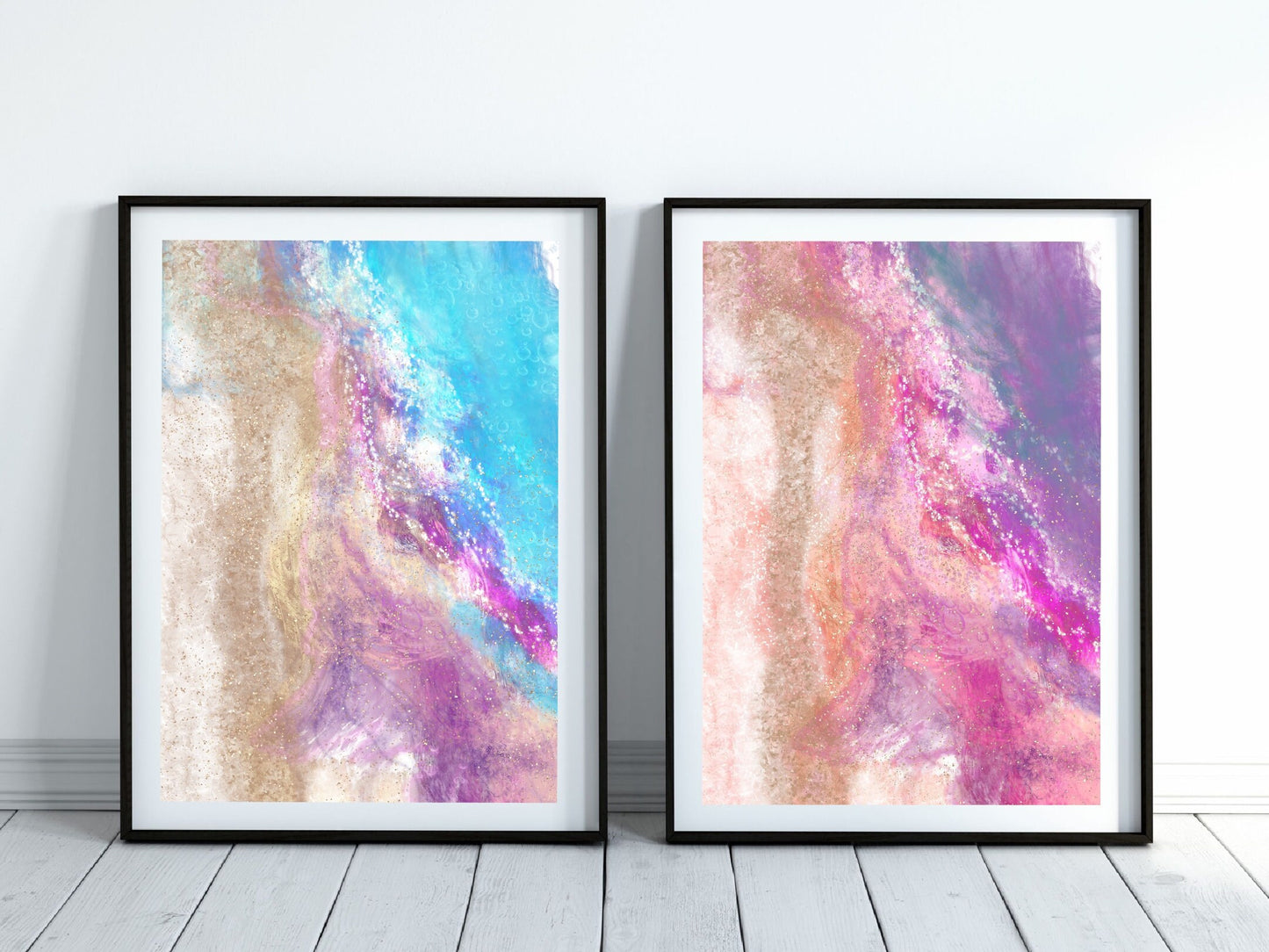 Coastal wall art, waves art print, spiritual wall art, sand blue and pink, set of 2, displayed in frames ascension digital fine art.