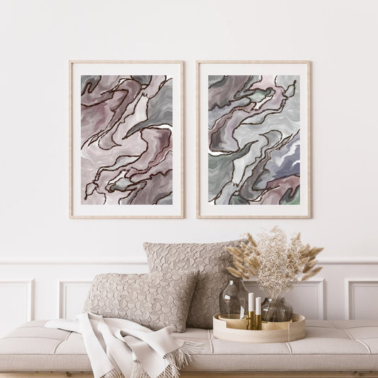 Abstract art prints, spiritual wall art, neutral colour, set of 2, displayed in mounted frames.