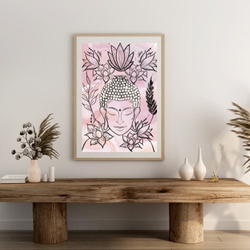 Buddha wall art, meditation wall art, spiritual art work, meditation art print, pastel pink, Displayed in frames. - Ascension digital fine art.