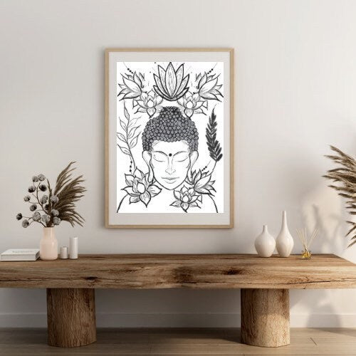 Buddha wall art, meditation wall art, spiritual art work, meditation art print, black and white, Displayed in frames. - Ascension digital fine art.