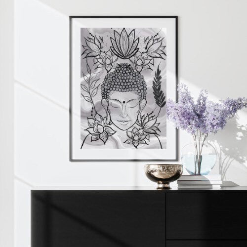 Spiritual Buddha wall art, Buddha meditating, black and grey, flowers, meditation art print in mounted frame.