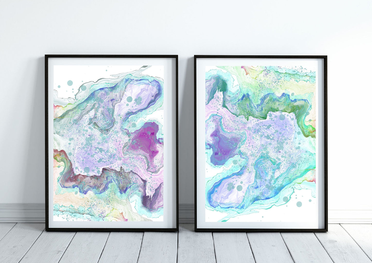 Coastal wall art, sea waves art prints, spiritual wall art, vibrant, set of 2, displayed in frames, ascension digital fine art.