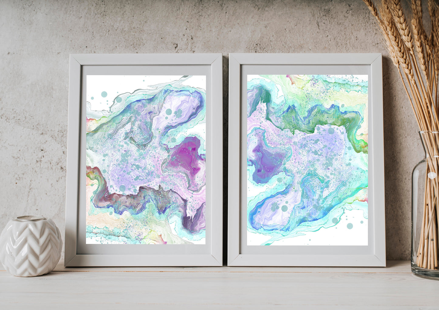 Coastal wall art, sea waves art prints, spiritual wall art, vibrant, set of 2, displayed in frames, ascension digital fine art.