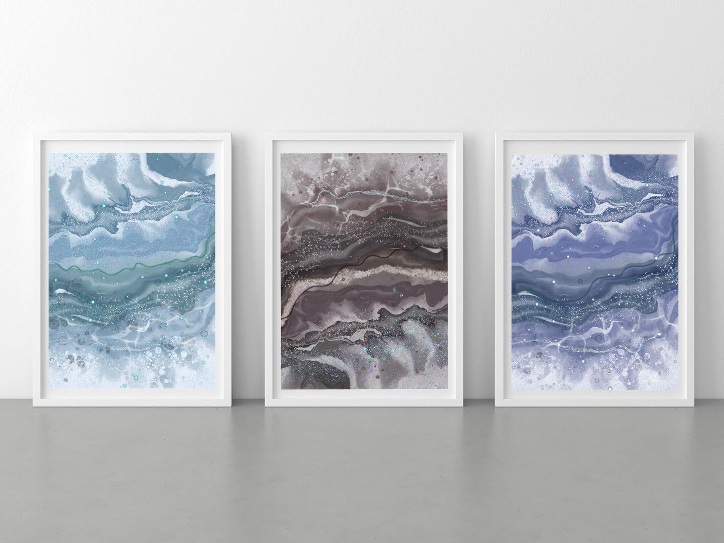 Coastal wall art, ocean art print, spiritual wall art, blues and brown, set of 3, displayed in frames ascension digital fine art.