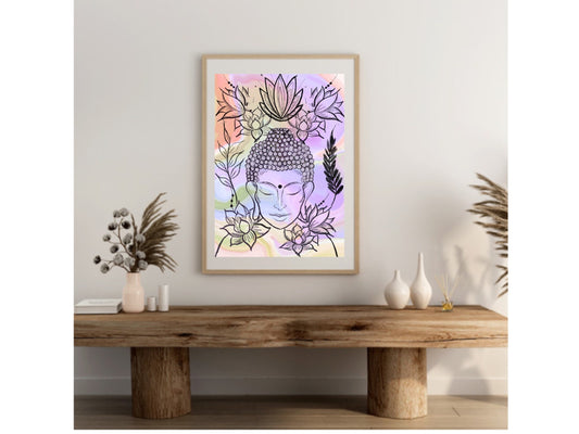 Buddha wall art, meditation wall art, spiritual art work, meditation art print, pastel colours, Displayed in frames. - Ascension digital fine art.