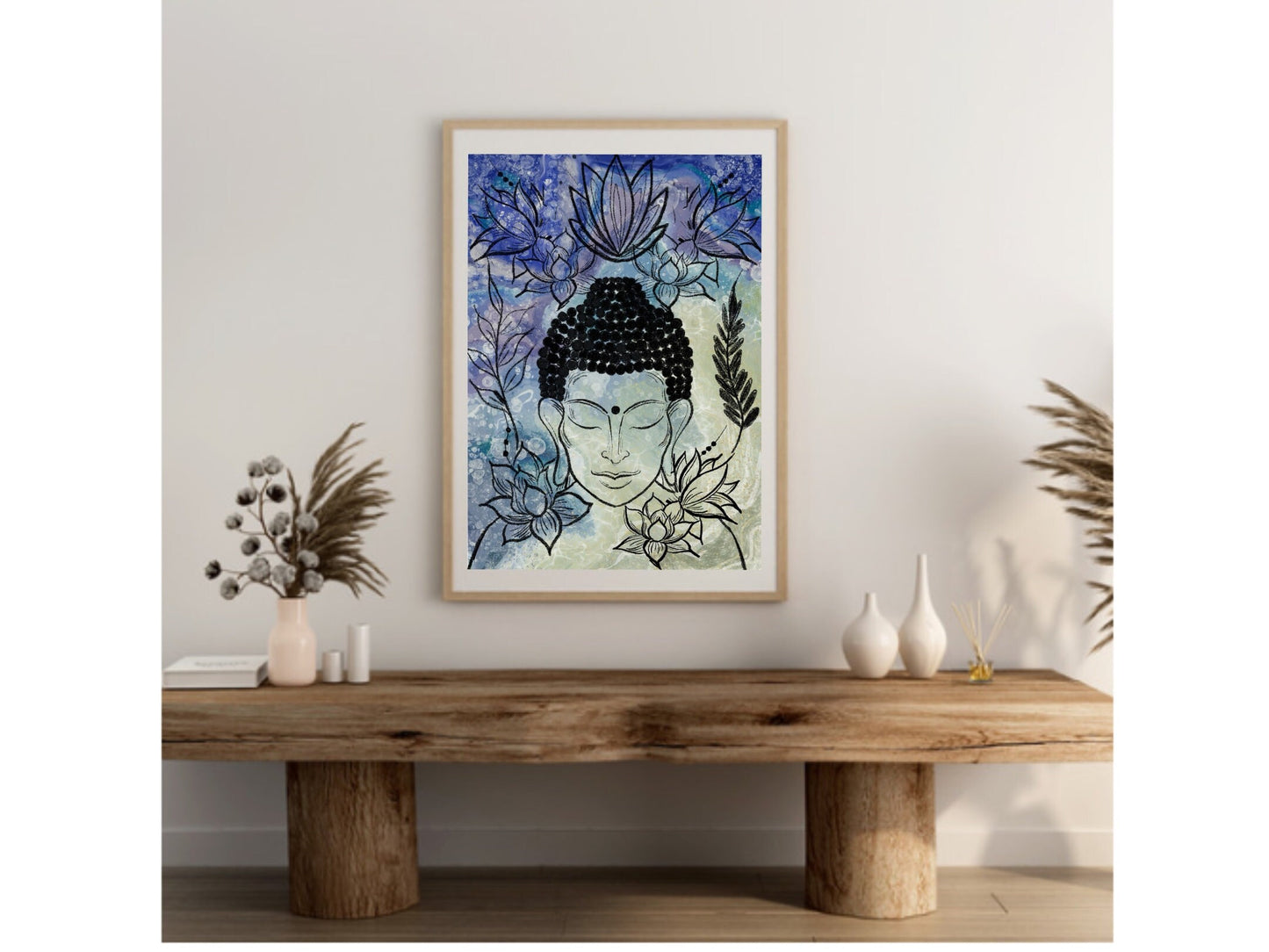 Buddha wall art, meditation wall art, spiritual art work, meditation art print, pastel blue and yellow, Displayed in frames. - Ascension digital fine art.