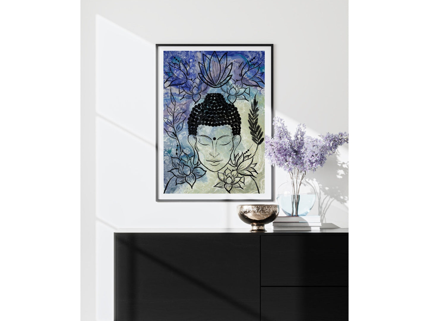 Buddha wall art, meditation wall art, spiritual art work, meditation art print, pastel blue and yellow, Displayed in frames. - Ascension digital fine art.