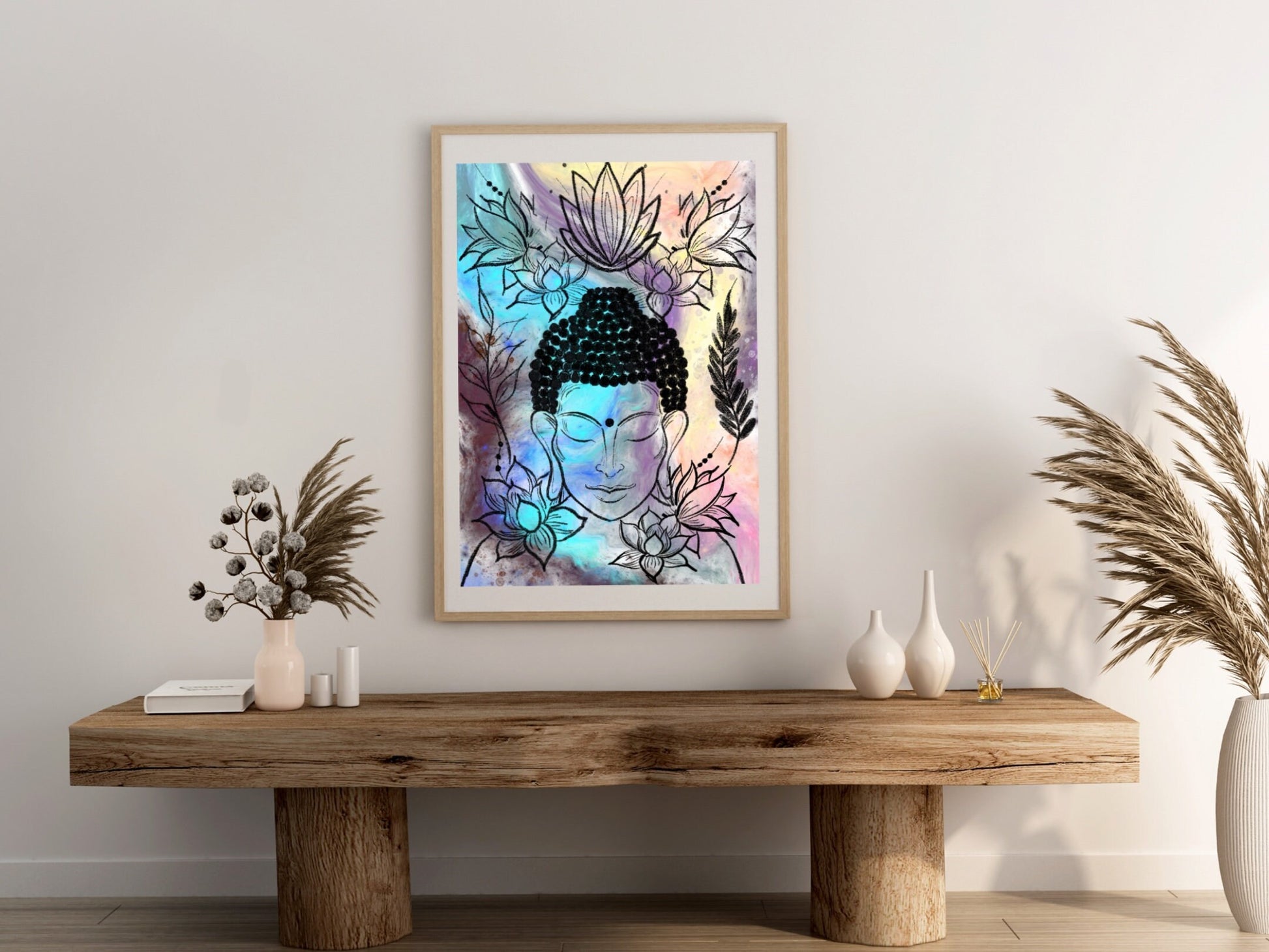 Buddha wall art, meditation wall art, spiritual art work, meditation art print, pastel blue and yellow, Displayed in frames. - Ascension digital fine art.