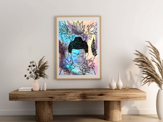 Buddha wall art, meditation wall art, spiritual art work, meditation art print, pastel blue and yellow, Displayed in frames. - Ascension digital fine art.