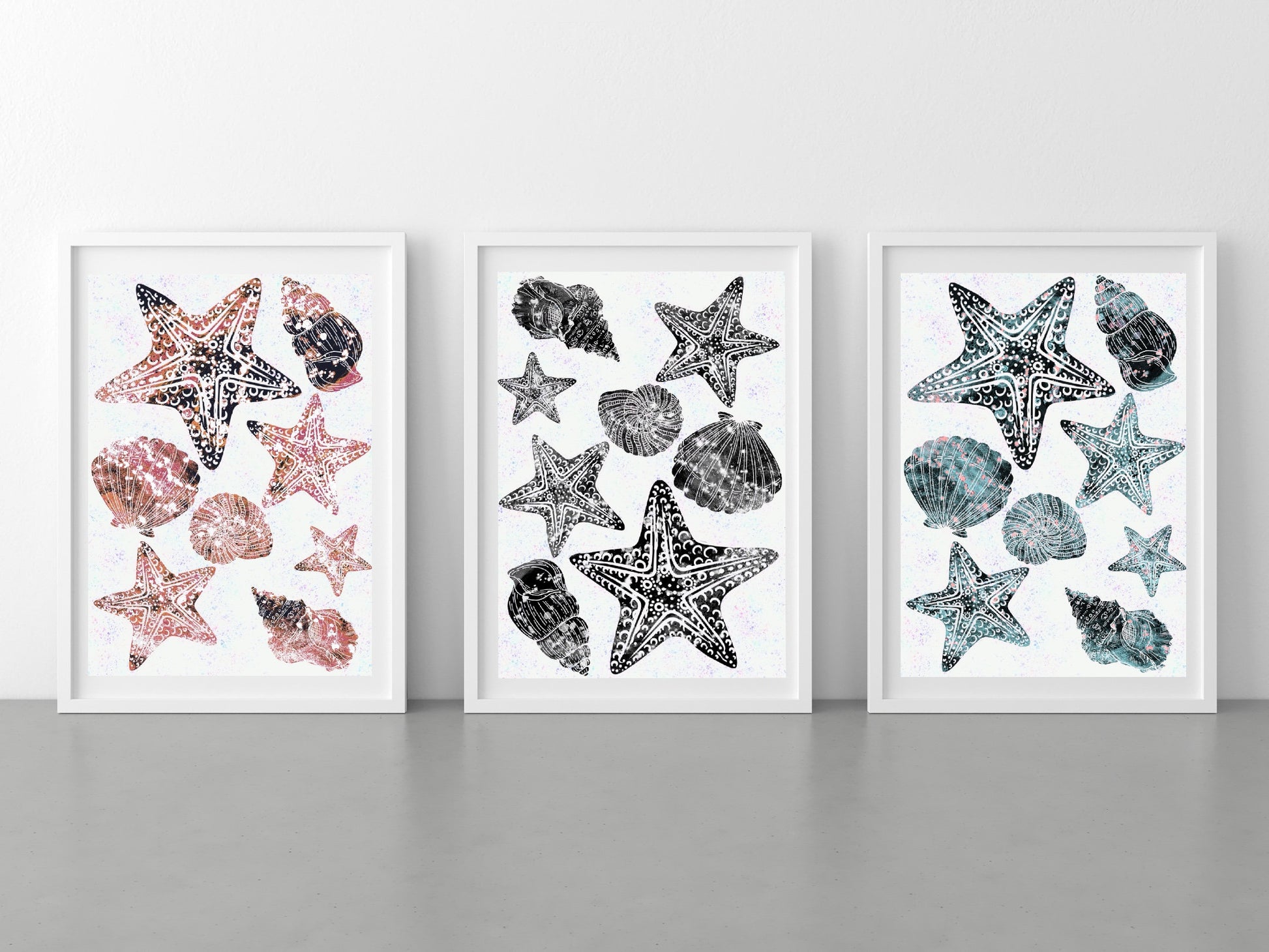 Coastal wall art, sea shells art prints, spiritual wall art, set of 3, displayed in frames, ascension digital fine art.