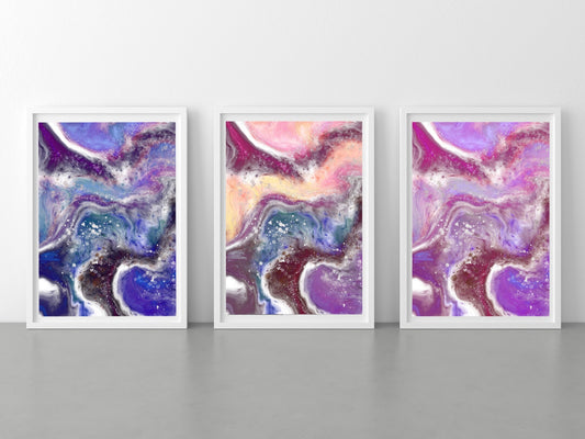 Abstract coastal art prints, spiritual wall art, pink yellow blue, set of 3 displayed in mounted frames.