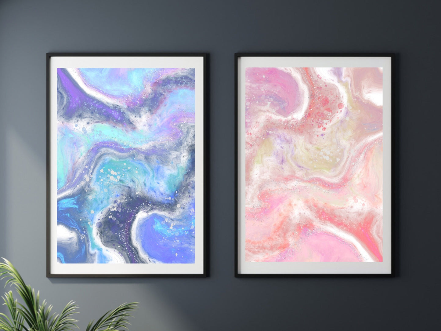 Coastal wall art, abstract waves, blue and orange, calming art work, set of two art prints, displayed in frames. - Ascension digital fine art.