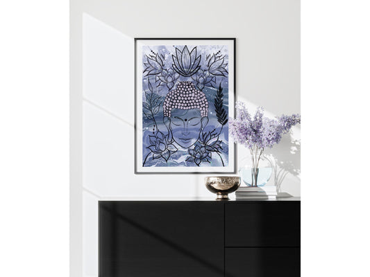 Buddha wall art, meditation wall art, spiritual art work, meditation art print, pastel blue, Displayed in frames. - Ascension digital fine art.