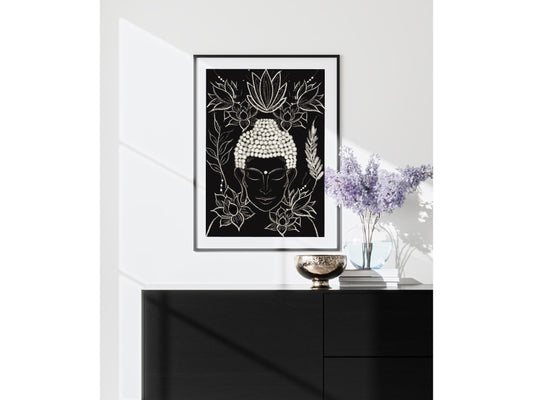 Buddha wall art, meditation wall art, spiritual art work, meditation art print, black and silver, Displayed in frames. - Ascension digital fine art.