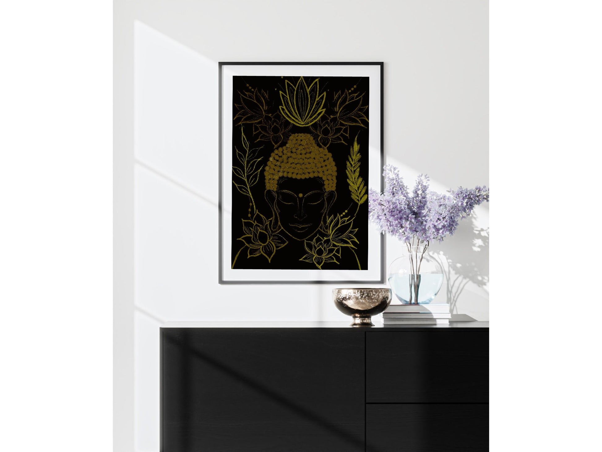 Spiritual Buddha wall art, Buddha meditating, black and gold, flowers, meditation art print in mounted frame.