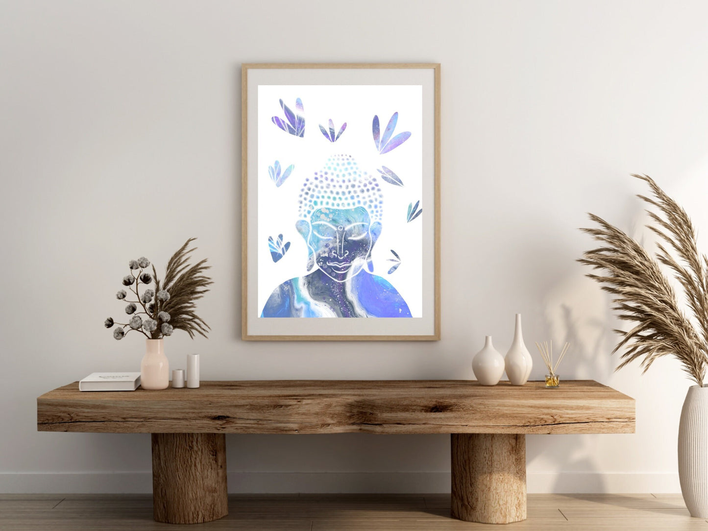 Buddha wall art, meditation wall art, spiritual art work, meditation art print, pastel blue, Displayed in frames. - Ascension digital fine art.