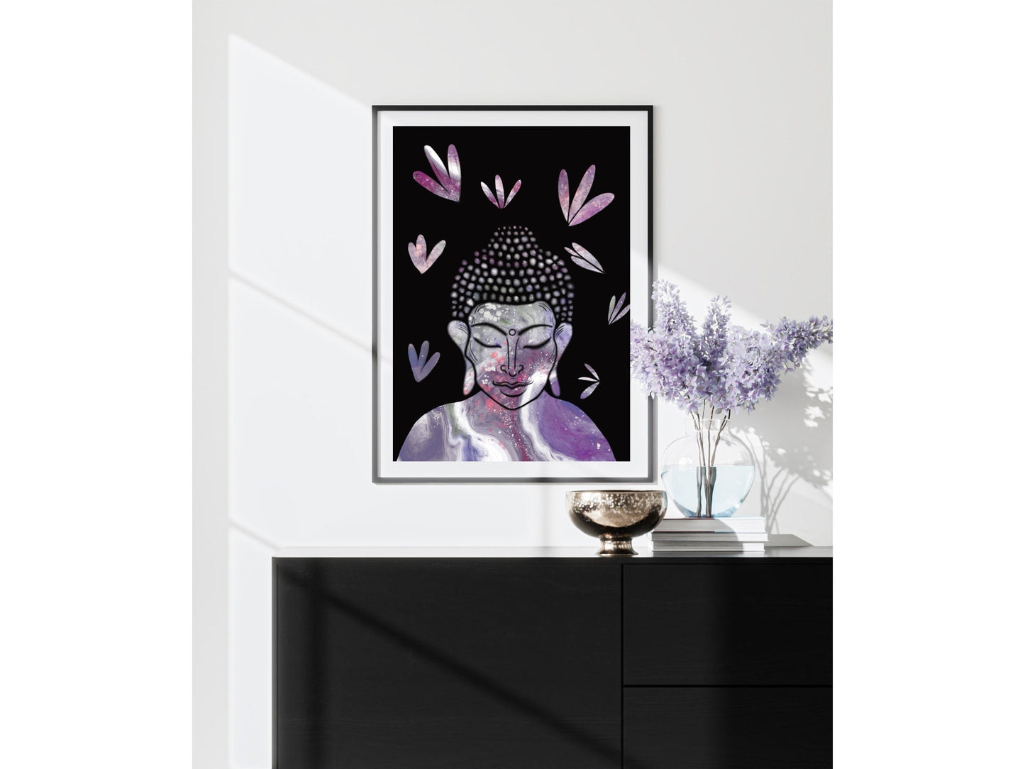 Buddha wall art, meditation wall art, spiritual art work, meditation art print, black and purple, Displayed in frames. - Ascension digital fine art.