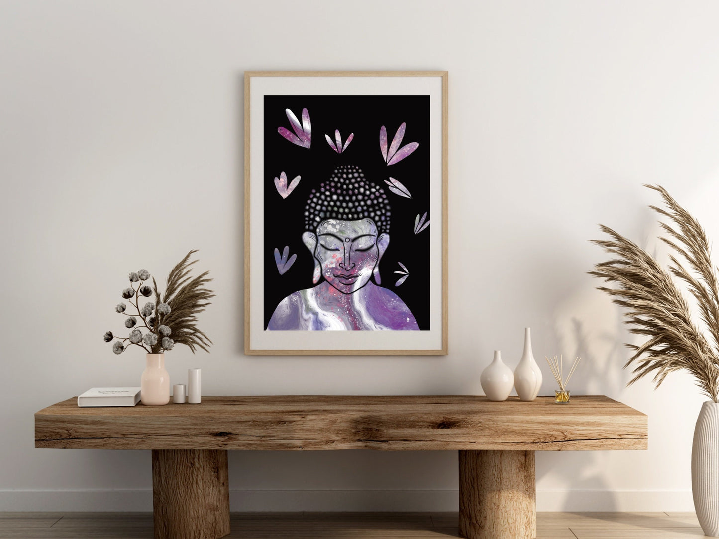 Buddha wall art, meditation wall art, spiritual art work, meditation art print, black and purple, Displayed in frames. - Ascension digital fine art.