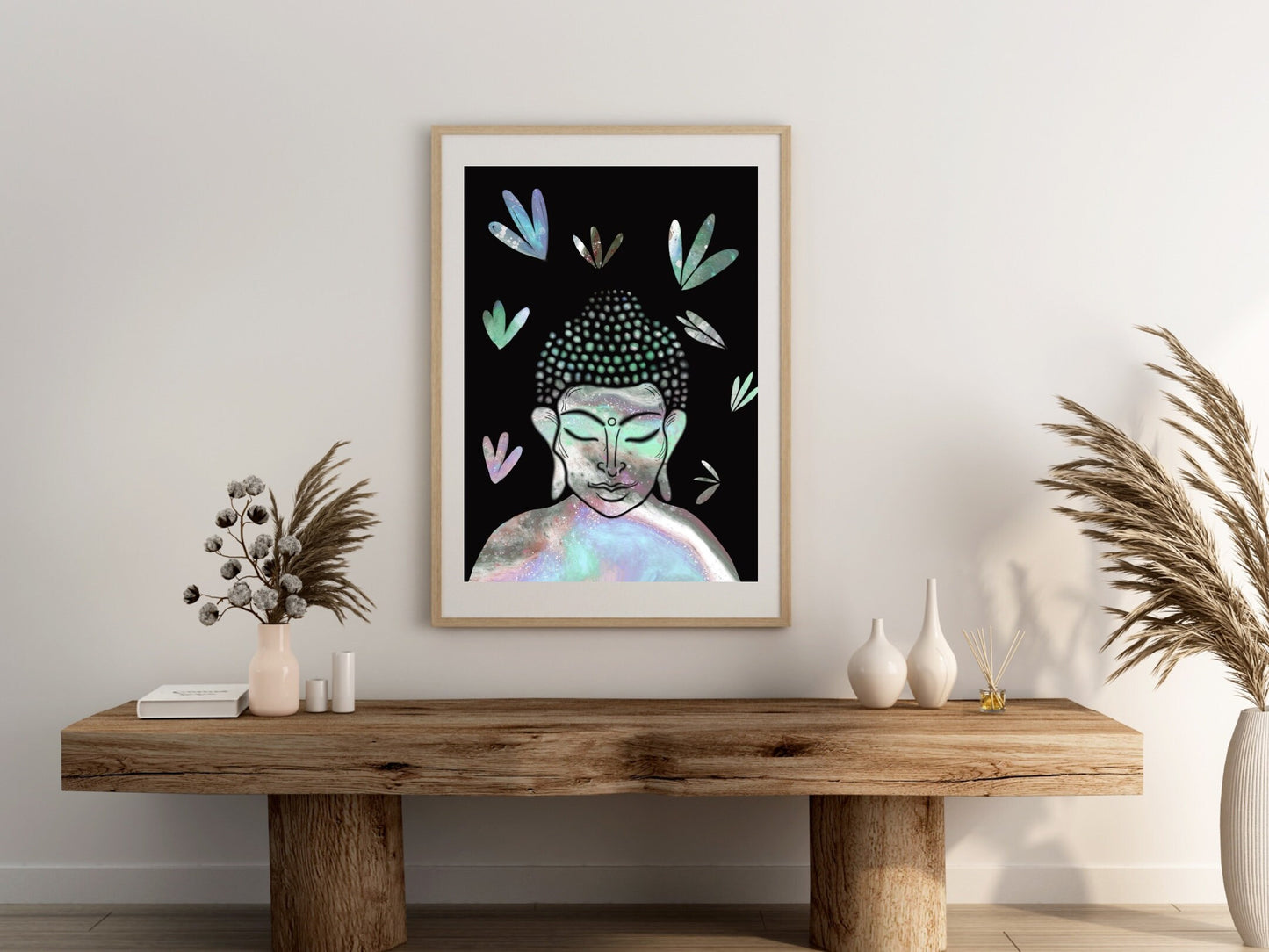 Buddha wall art, meditation wall art, spiritual art work, meditation art print, black and pastel green, Displayed in frames. - Ascension digital fine art.