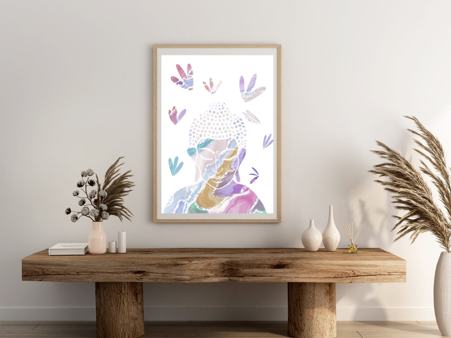 Buddha wall art, meditation wall art, spiritual art work, meditation art print, white and pastel, Displayed in frames. - Ascension digital fine art.