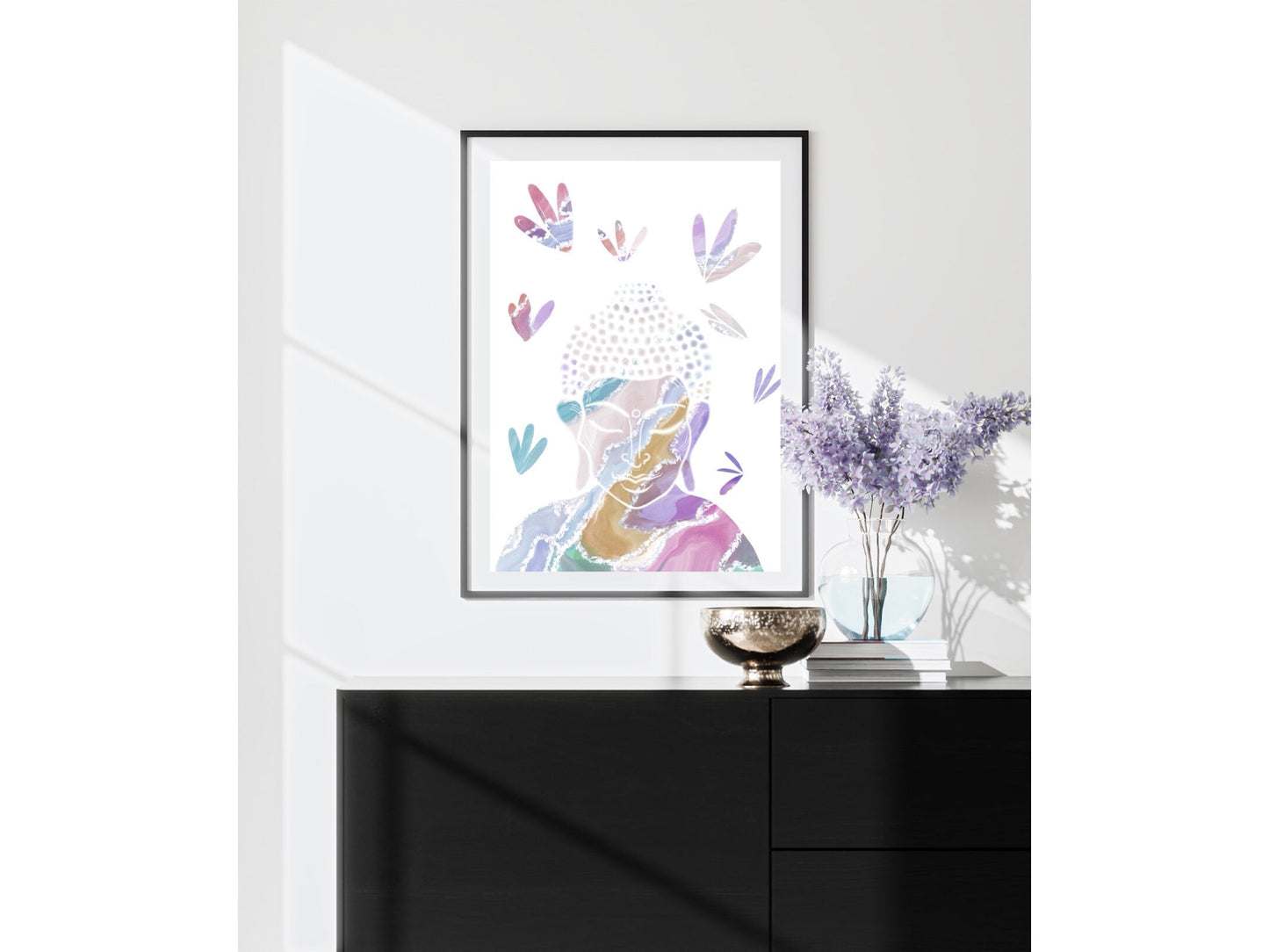 Buddha wall art, meditation wall art, spiritual art work, meditation art print, white and pastel, Displayed in frames. - Ascension digital fine art.